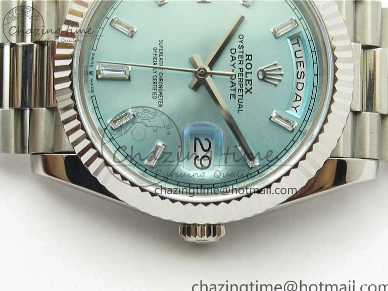 0417 SoftTouch Day-Date 40mm 228239 BP New Dial Version 904 SS Ice Blue T Crystal Markers Dial on SS President Bracelet A 2822